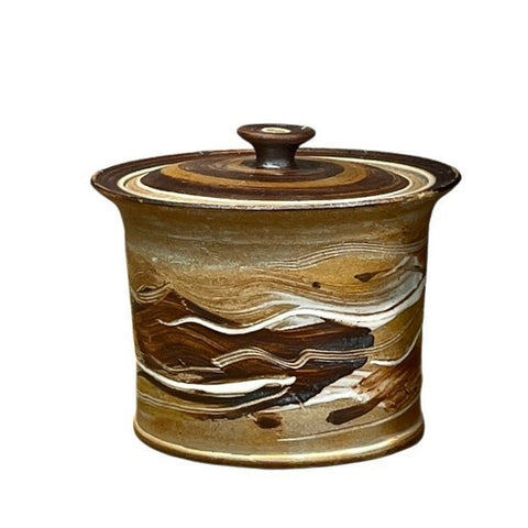 Pottery Cookie Jar with abstract brown, gold and white designs